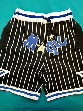 Just Don Black Pinstripe Athletic Shorts with Blue and White Accents